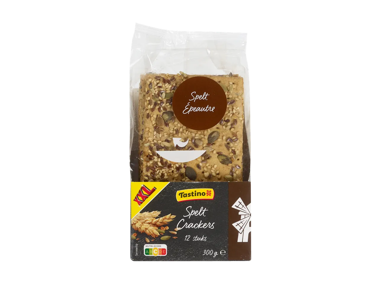 Luxe crackers met spelt en zaden in een verpakking van 300g.