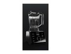 Modern black blender with a digital display and glass pitcher against a dark background