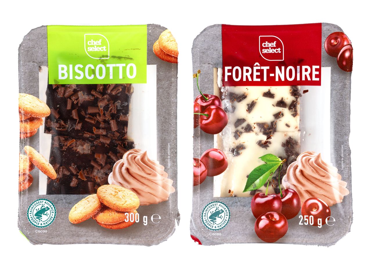 Ambalaje Chef Select pentru Biscotto (300g) și Forêt-Noire (250g).
