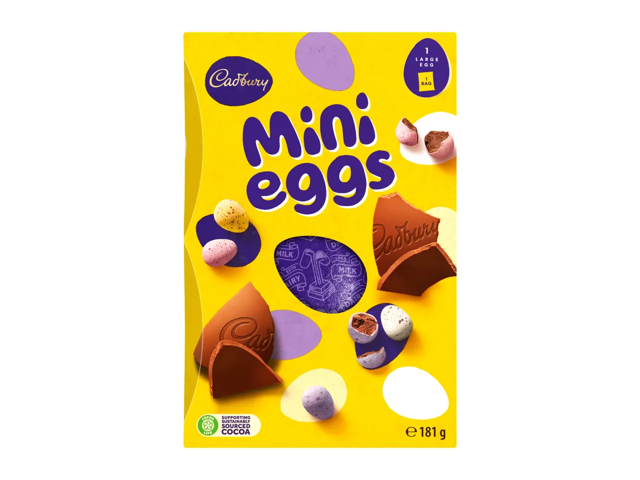 Yellow box of mini chocolate eggs with a large chocolate egg and sustainably sourced cocoa logo.