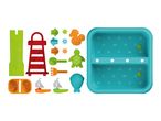 Colorful bath toys including a lighthouse, boats, sea creatures, and a blue bath caddy.