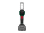 Cordless work light with a grey head, green body, red trigger, and grey battery pack.
