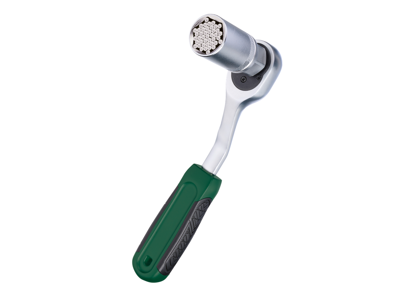 Daudzfunkcionāls klikšķa uzgriežņu atslēga ar zaļu rokturi.