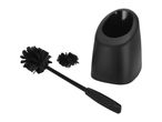 Black toilet brush with a holder and a replacement brush head.