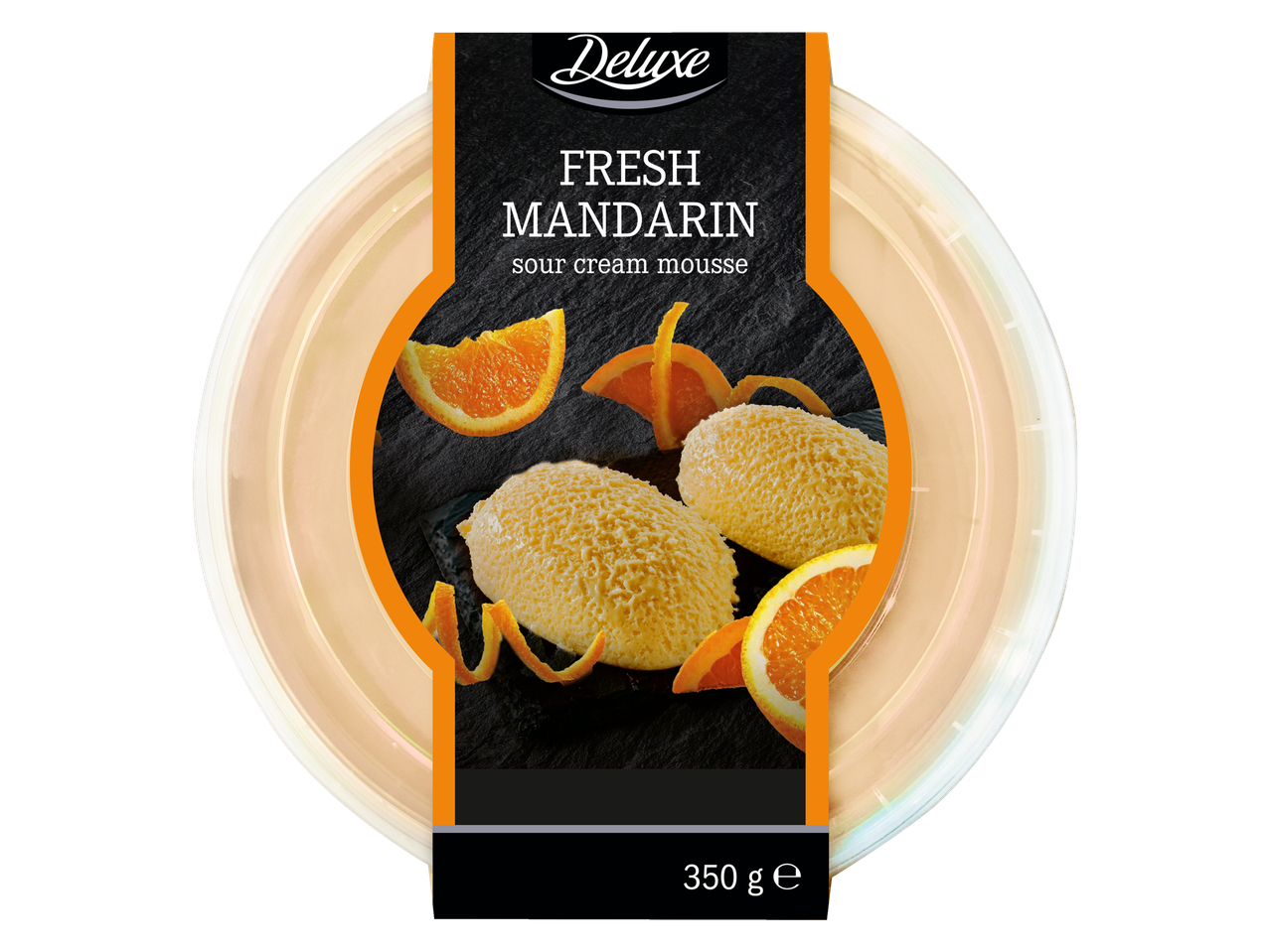 Deluxe Fresh Mandarin skābā krējuma muss 350g iepakojumā, ar mandarīnu šķēlītēm un mizu