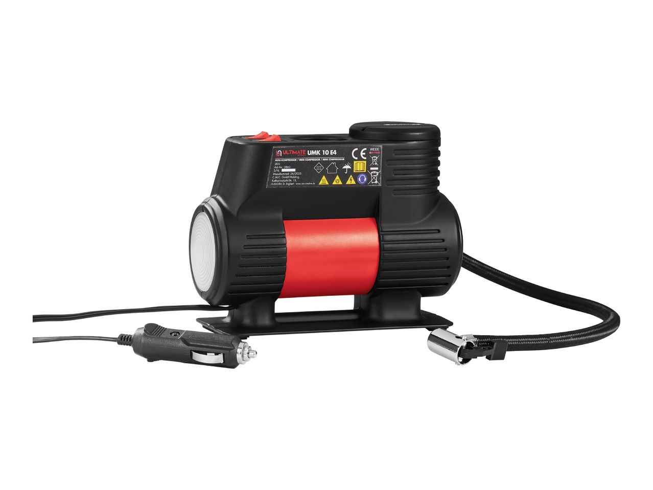 ULTIMATE UMK 10 E4 mini-compressor with a 12V car plug and air hose.