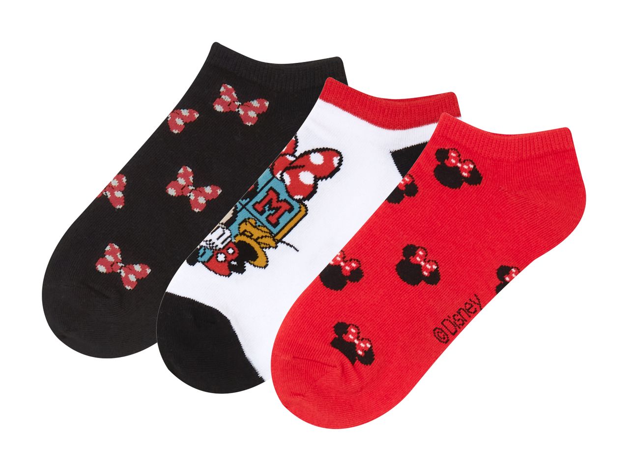 Three pairs of Minnie Mouse ankle socks in black, white, and red.