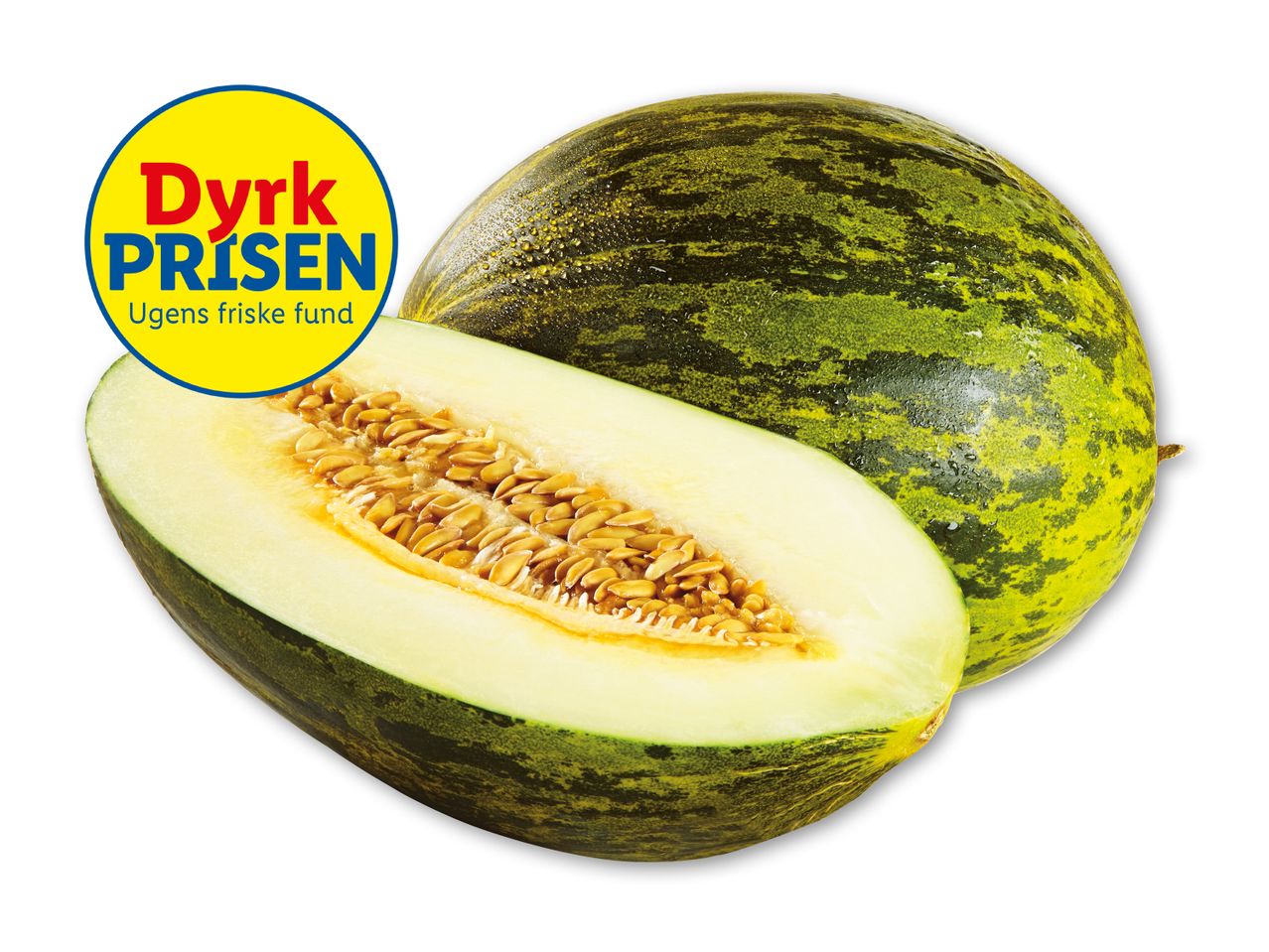 En halveret Piel de Sapo melon med Dyrek Prisen logo.