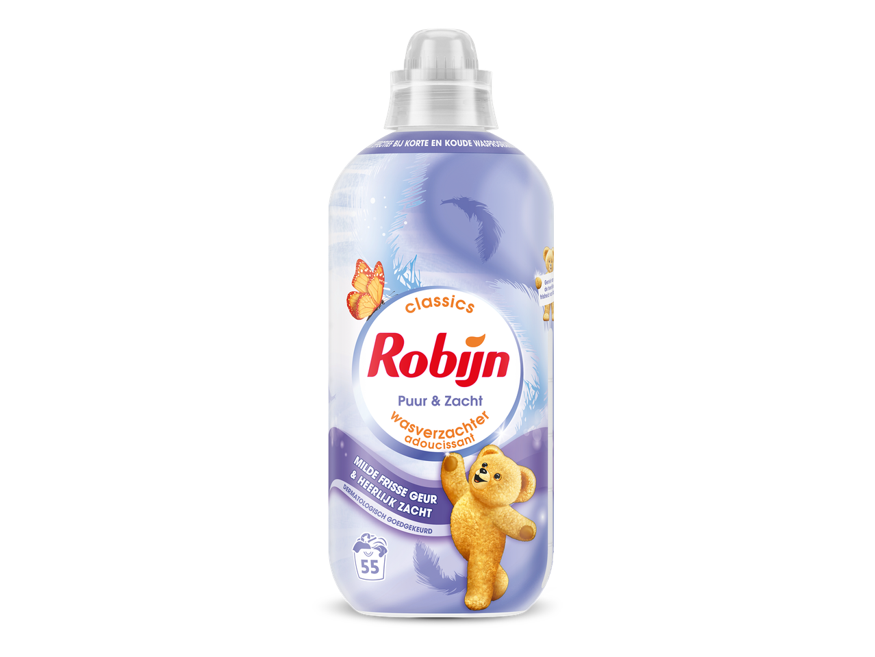 Fles wasverzachter met een teddybeer en vlinder, met de tekst 'Puur & Zacht' en 'Milde frisse geur & heerlijk zacht'.