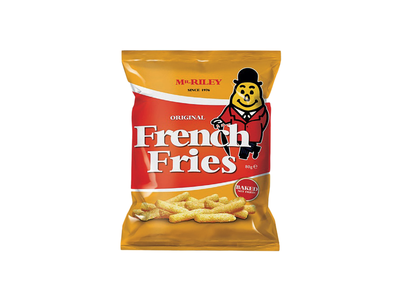 A bag of Mr. Riley's Original French Fries, 80g, baked not fried.