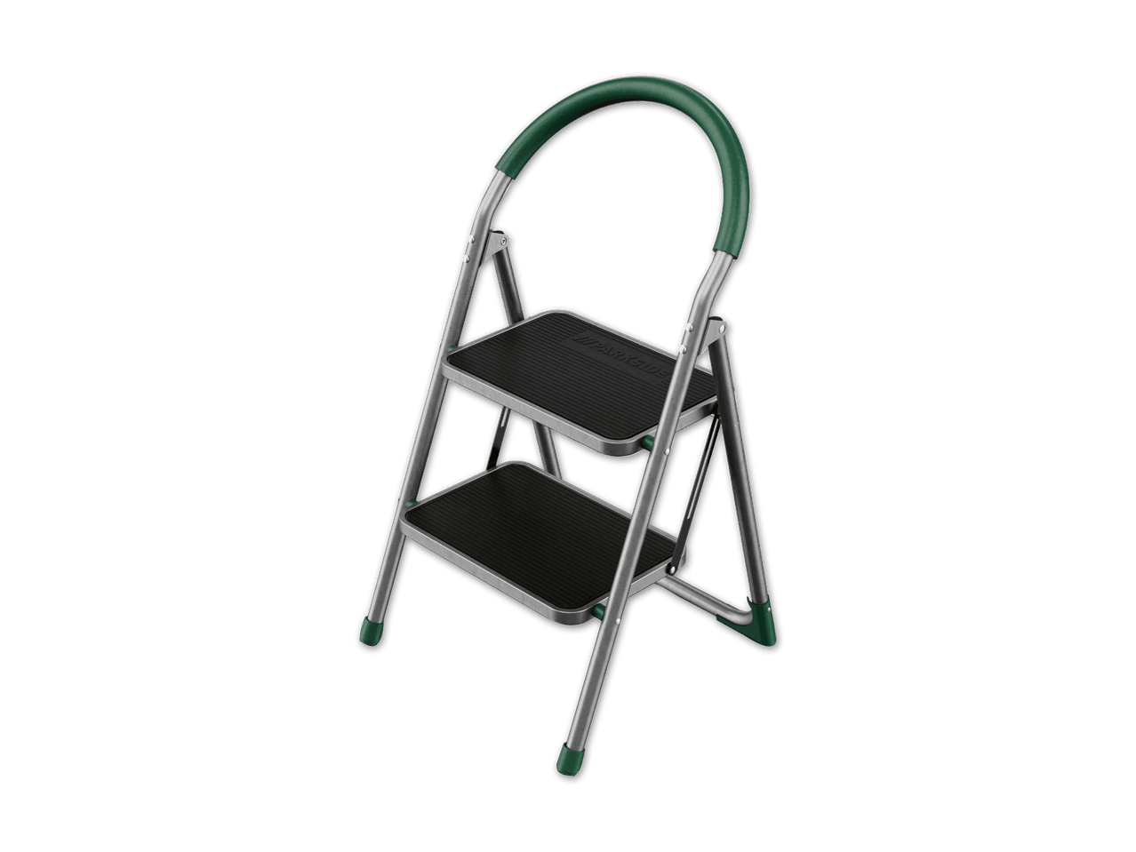 Klappbare Trittleiter mit zwei Stufen und grünem Haltegriff