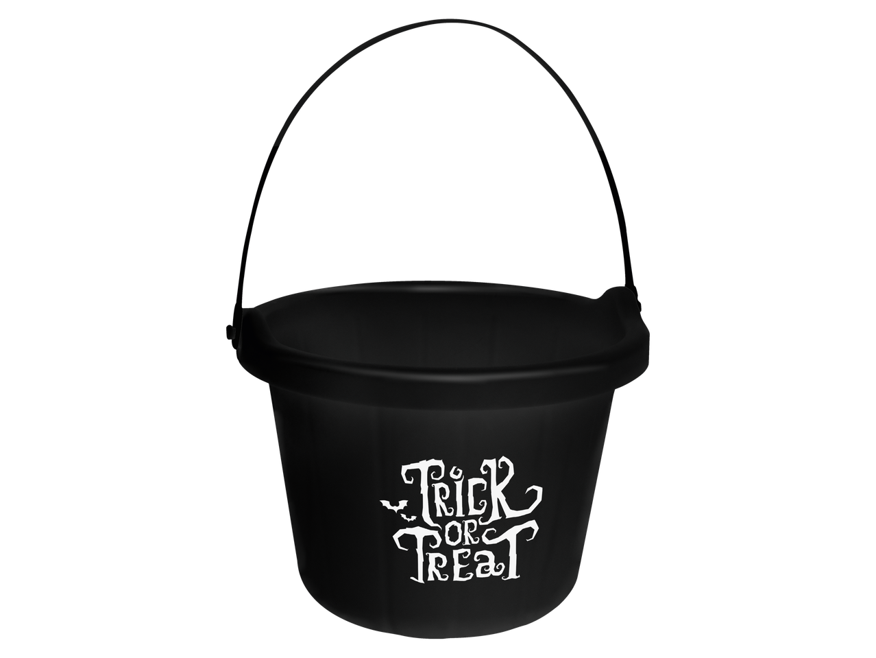 Black Halloween trick-or-treat bucket with a handle and white text.