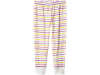 White pajama pants with horizontal yellow, purple, and pink stripes.