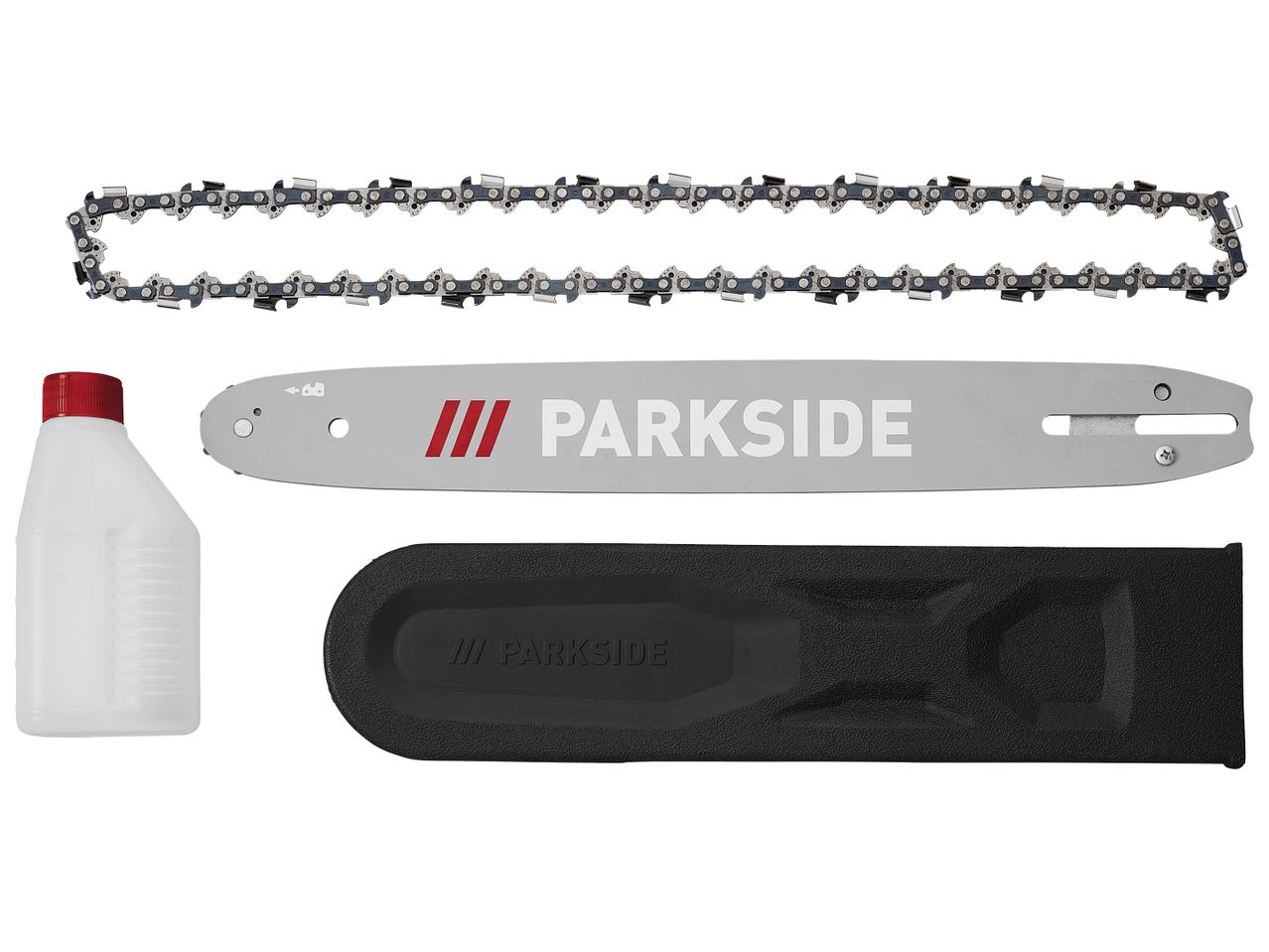 Комплект за електрически верижен трион Parkside®: верига, шина, калъф и масло.