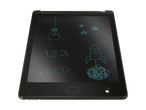 O tabletă de scris LCD neagră cu un stilou și desene cu un bec, numere, litere și o rachetă.