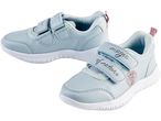 Light blue children's sneakers with velcro straps and a Disney Frozen Elsa graphic.