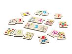 Wooden number puzzles with various illustrations, including animals, people, vehicles, and fruits.