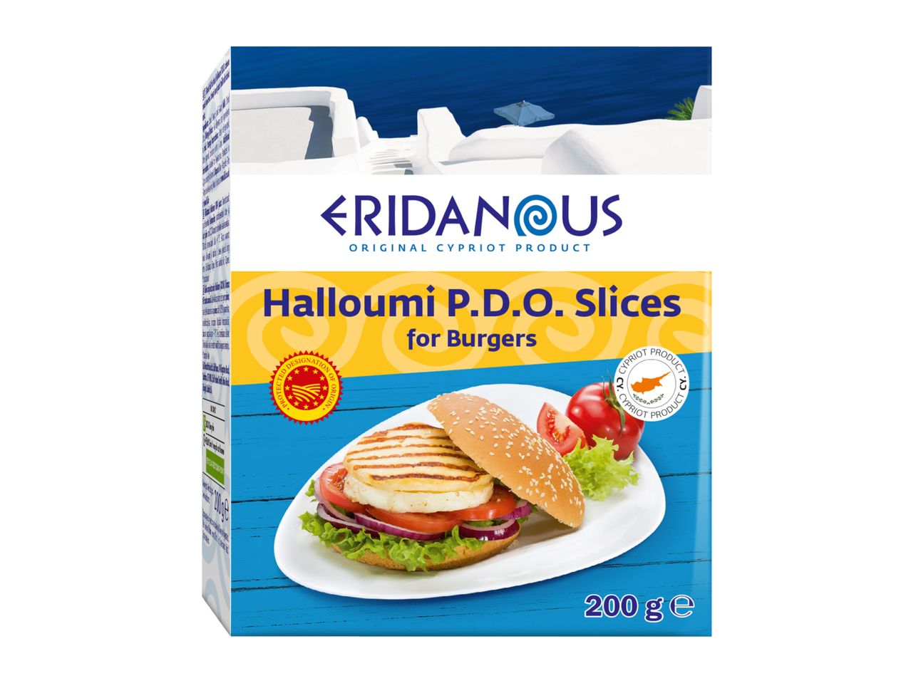 Halloumi P.D.O. slices for burgers, with a grilled halloumi burger on the packaging.