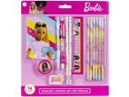 Conjunto escolar Barbie com lápis, régua, borracha e caderno.
