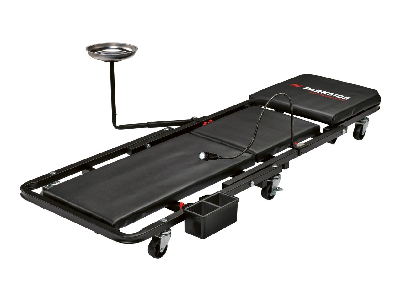 Parkside Performance mechanic's creeper with a magnetic tray and LED light.