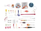 A comprehensive fishing tackle set including lines, hooks, lures, floats, and various accessories.