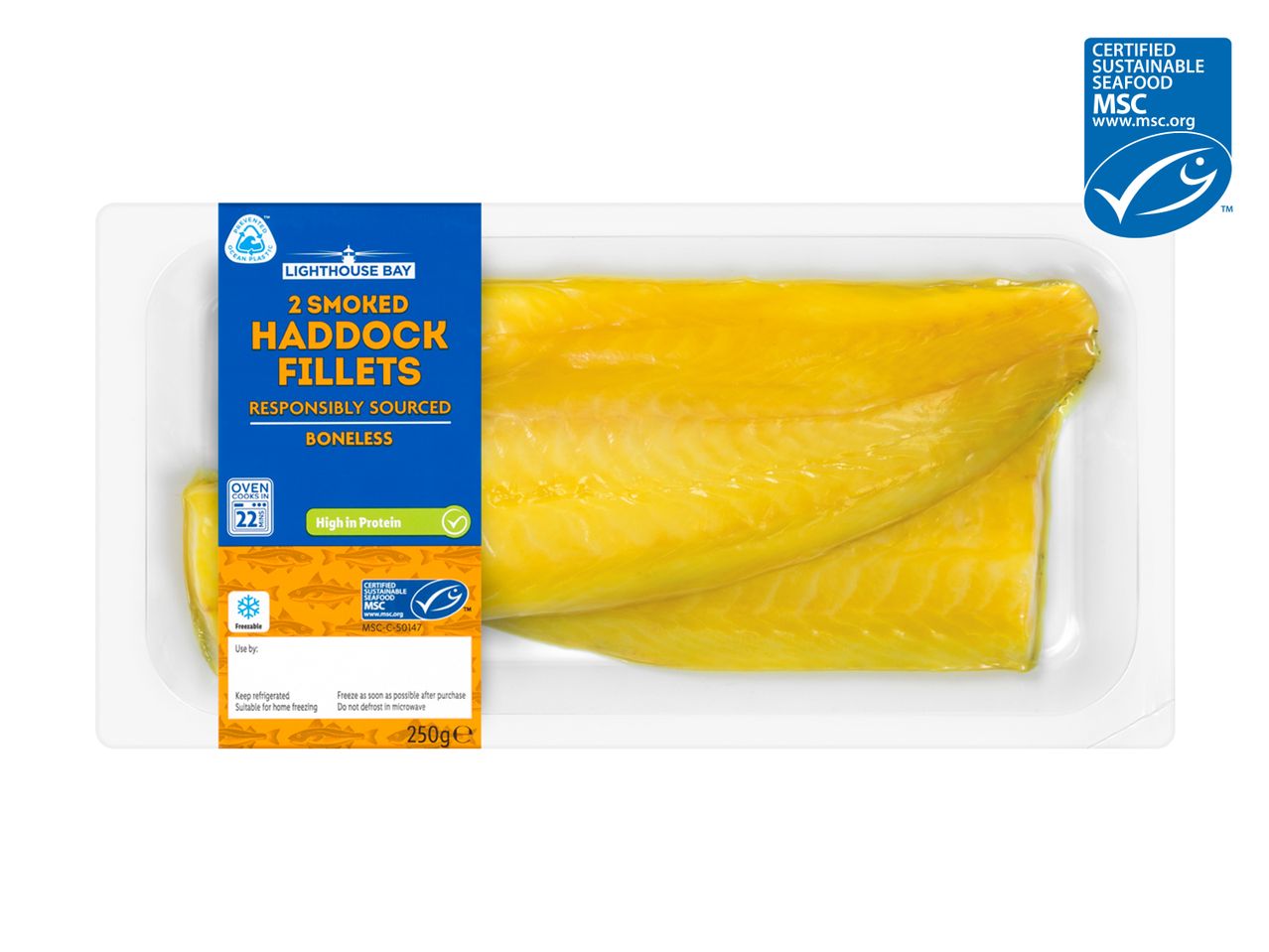 Lighthouse Bay smoked haddock fillets, MSC certified.