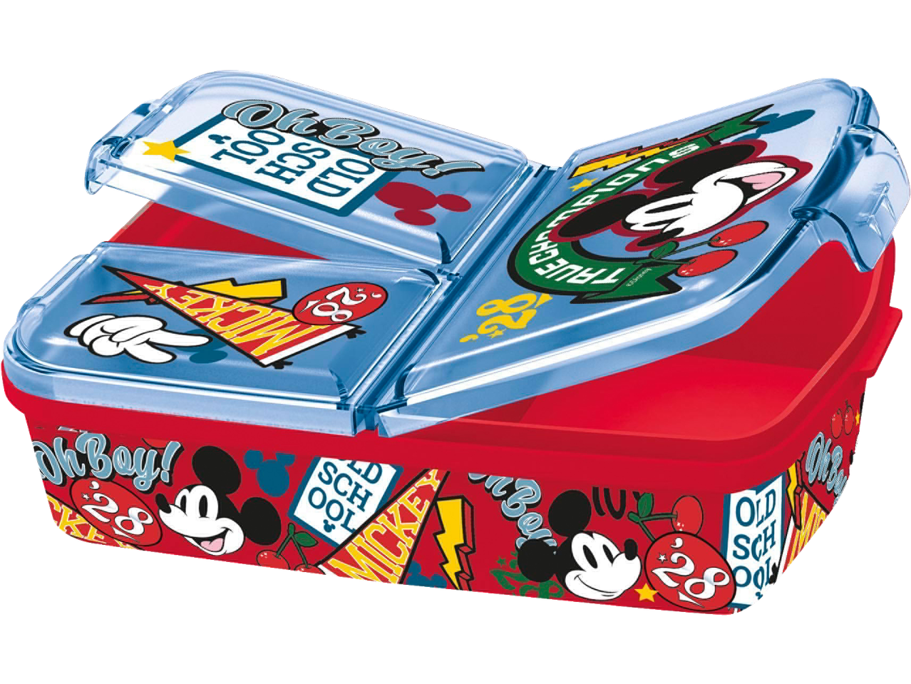 Red lunchbox with blue lid, divided into compartments, featuring cartoon character designs and text like 'Oh Boy!' and 'Old School'.