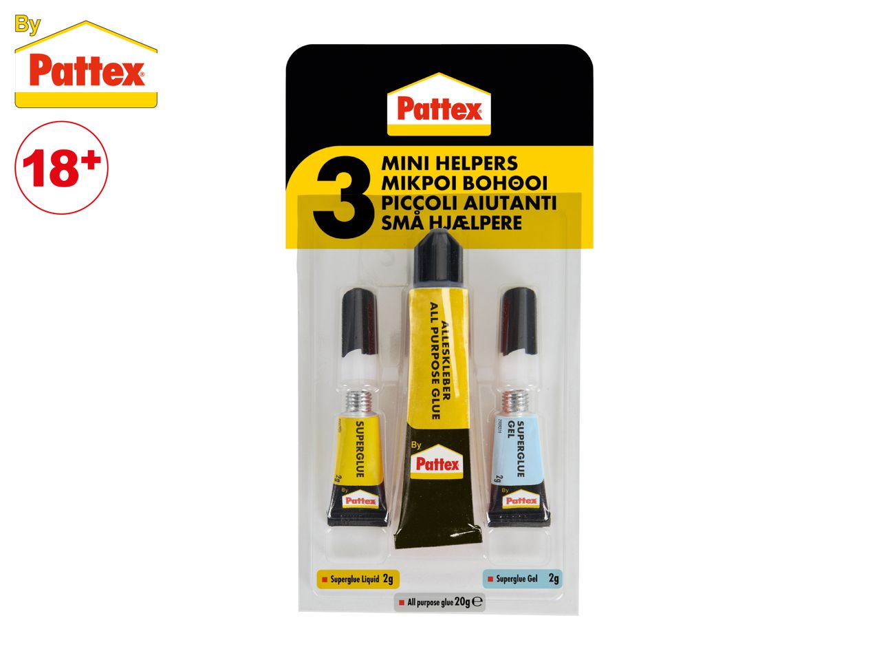 Packaging for a set of three glues: all-purpose glue, superglue liquid, and superglue gel.