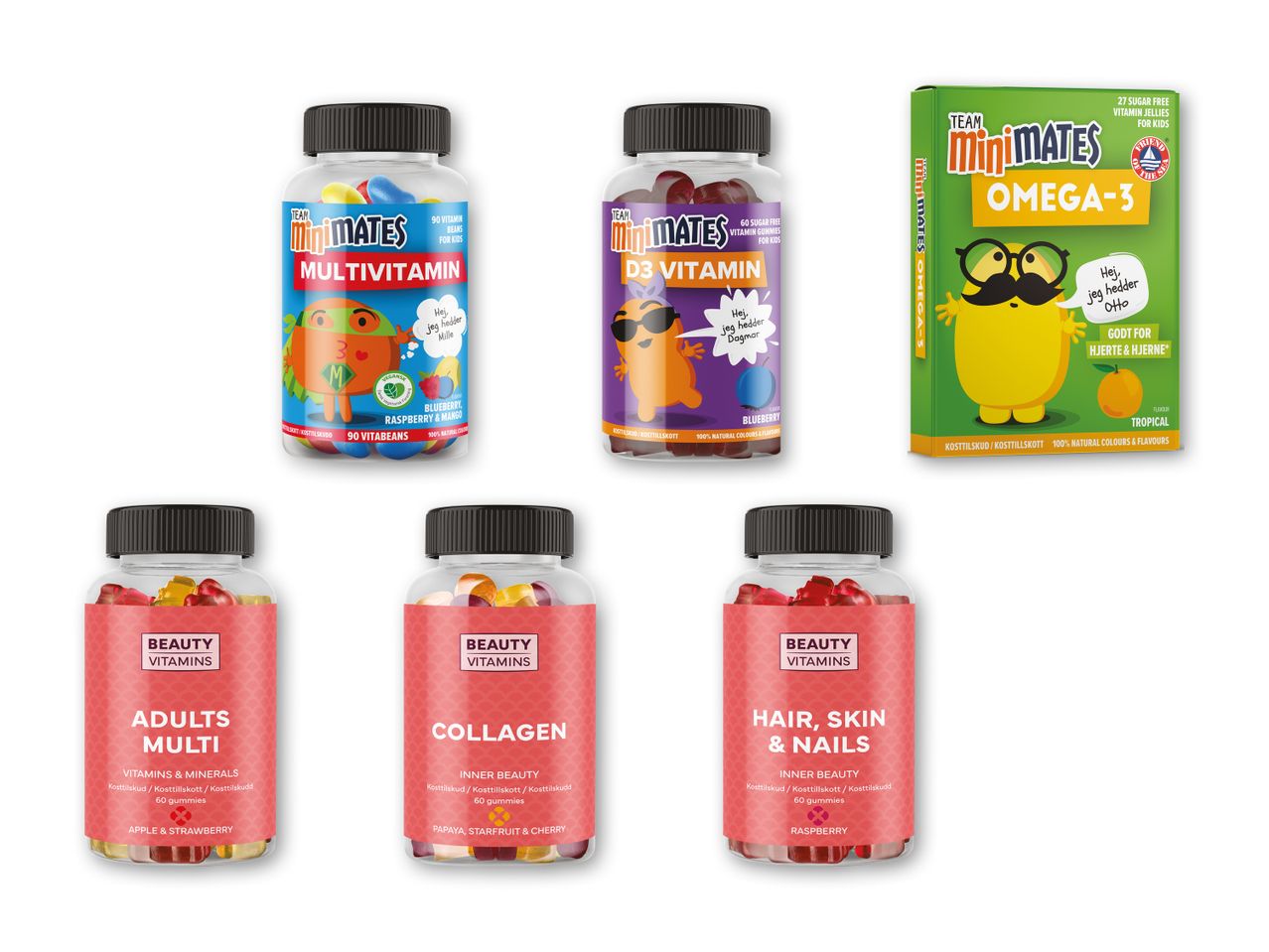 Team MiniMates vitamin gummies og kosttilskud til børn og voksne.