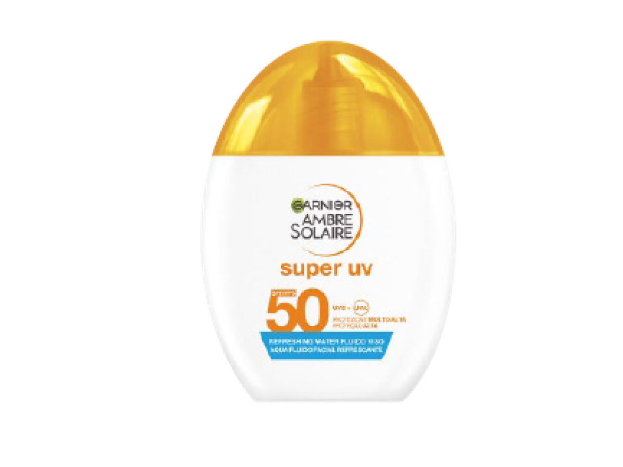 Protetor solar facial com fator de proteção 50, em embalagem branca com tampa amarela.
