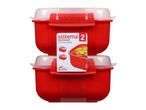 Two red microwave containers with clear lids, stacked, showing product details.