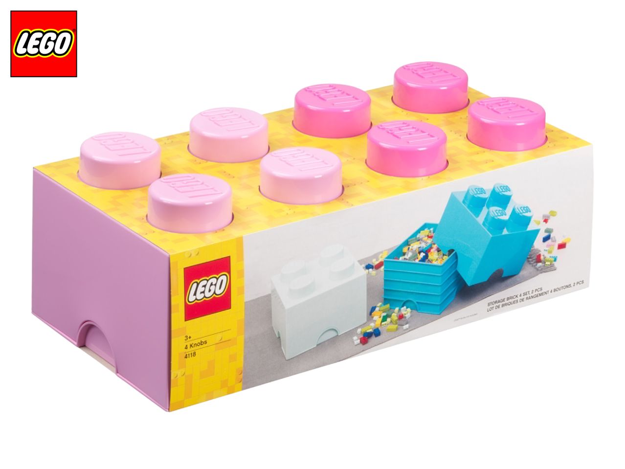 Pink and yellow storage brick packaging with a blue storage brick filled with toy bricks.