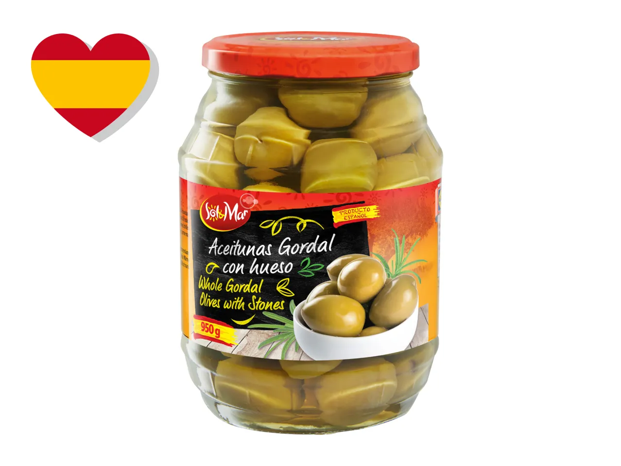 Jar of whole Gordal olives with stones, with a Spanish flag heart icon.