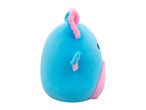 Side view of a light blue plush toy with pink fur accents, resembling an egg-shaped creature.