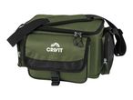 Green shoulder bag with multiple compartments, zippers, and a front buckle closure.