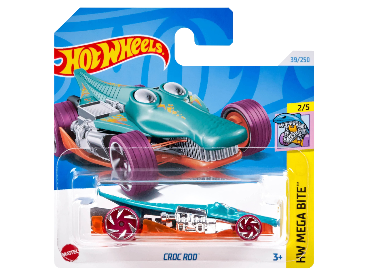 A Hot Wheels Croc Rod toy car, teal with purple wheels, in its packaging.