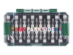 Screwdriver bit set in a clear case with various sizes and types, including Phillips, Torx, and hex.