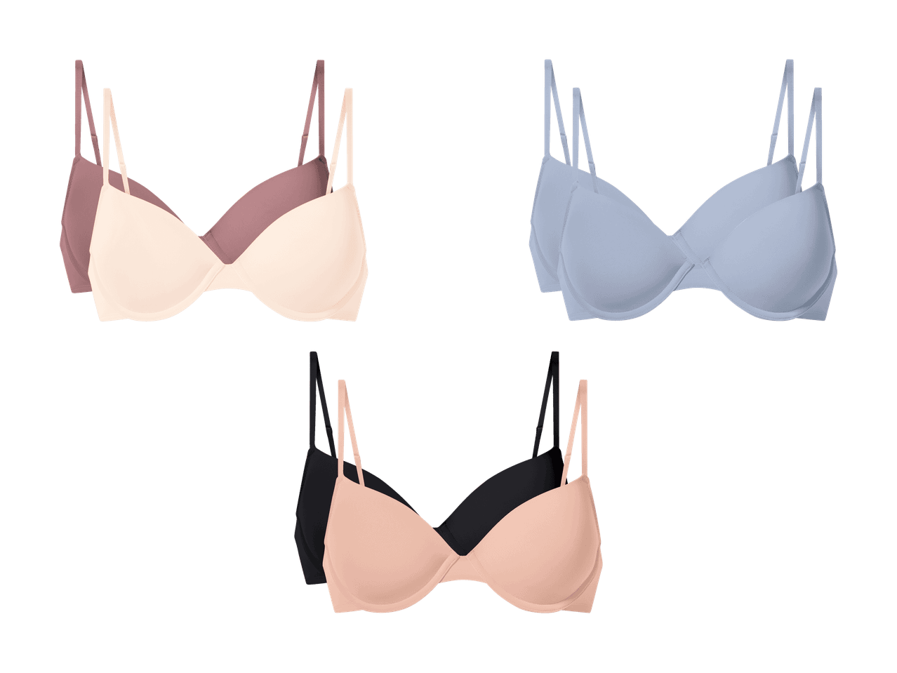 Trois ensembles de deux soutiens-gorge de couleurs différentes : rose poudré, bleu clair et noir/beige.