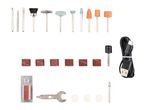 A set of rotary tool accessories including grinding stones, sanding bands, brushes, and a USB cable.
