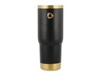 Black and gold insulated tumbler with a triangular logo.