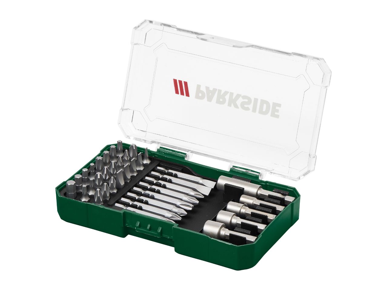 A green and clear plastic case filled with various screwdriver bits and nut setters.
