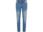 Jeans blu a vita alta con lavaggio chiaro e cuciture a contrasto.