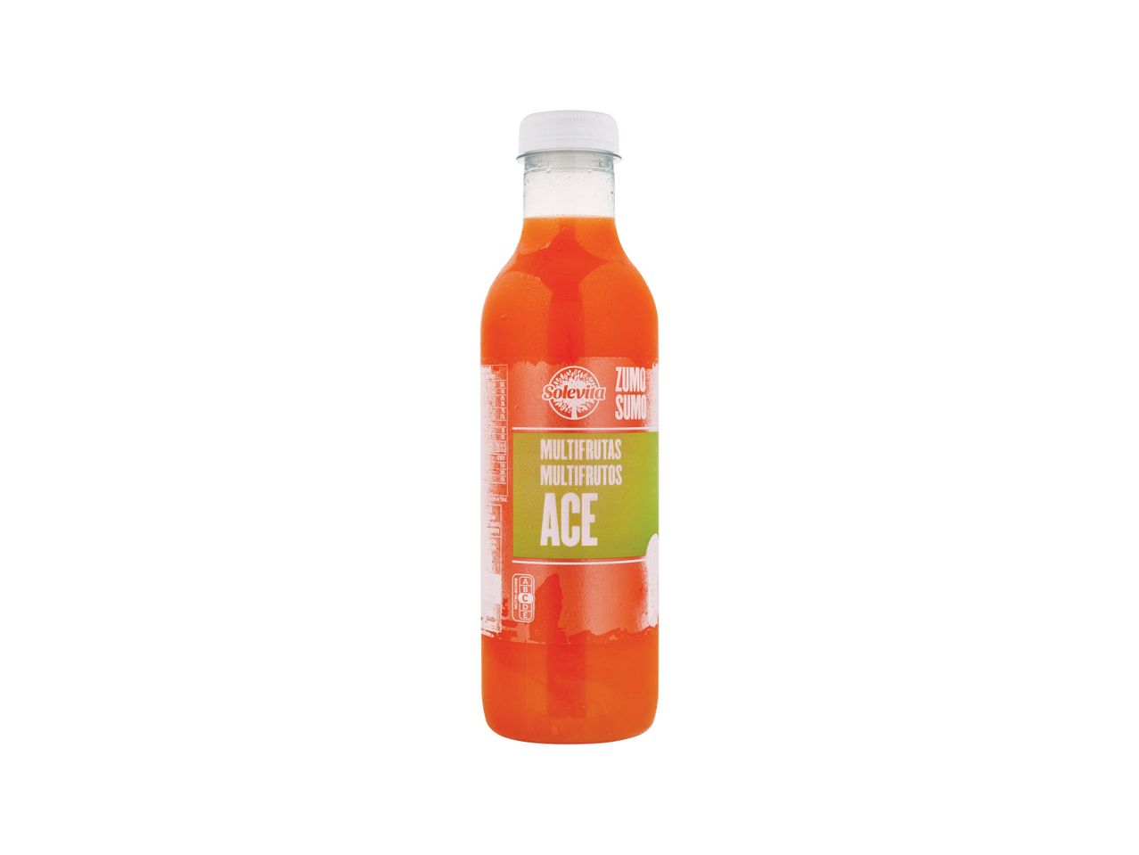 Garrafa de sumo multifrutos ACE com rótulo verde e laranja.