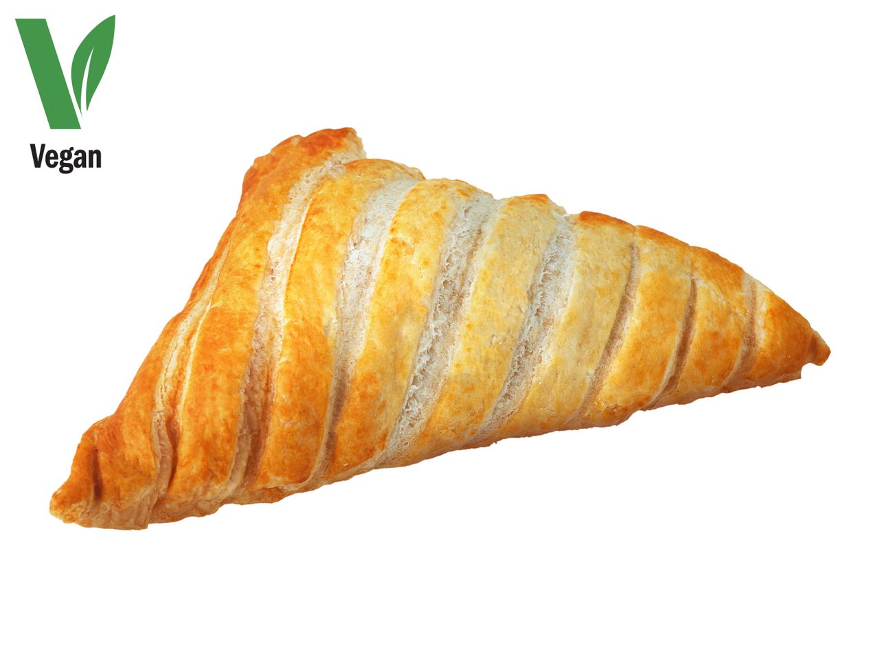 Vegan pastry with a golden-brown crust, isolated on a white background.