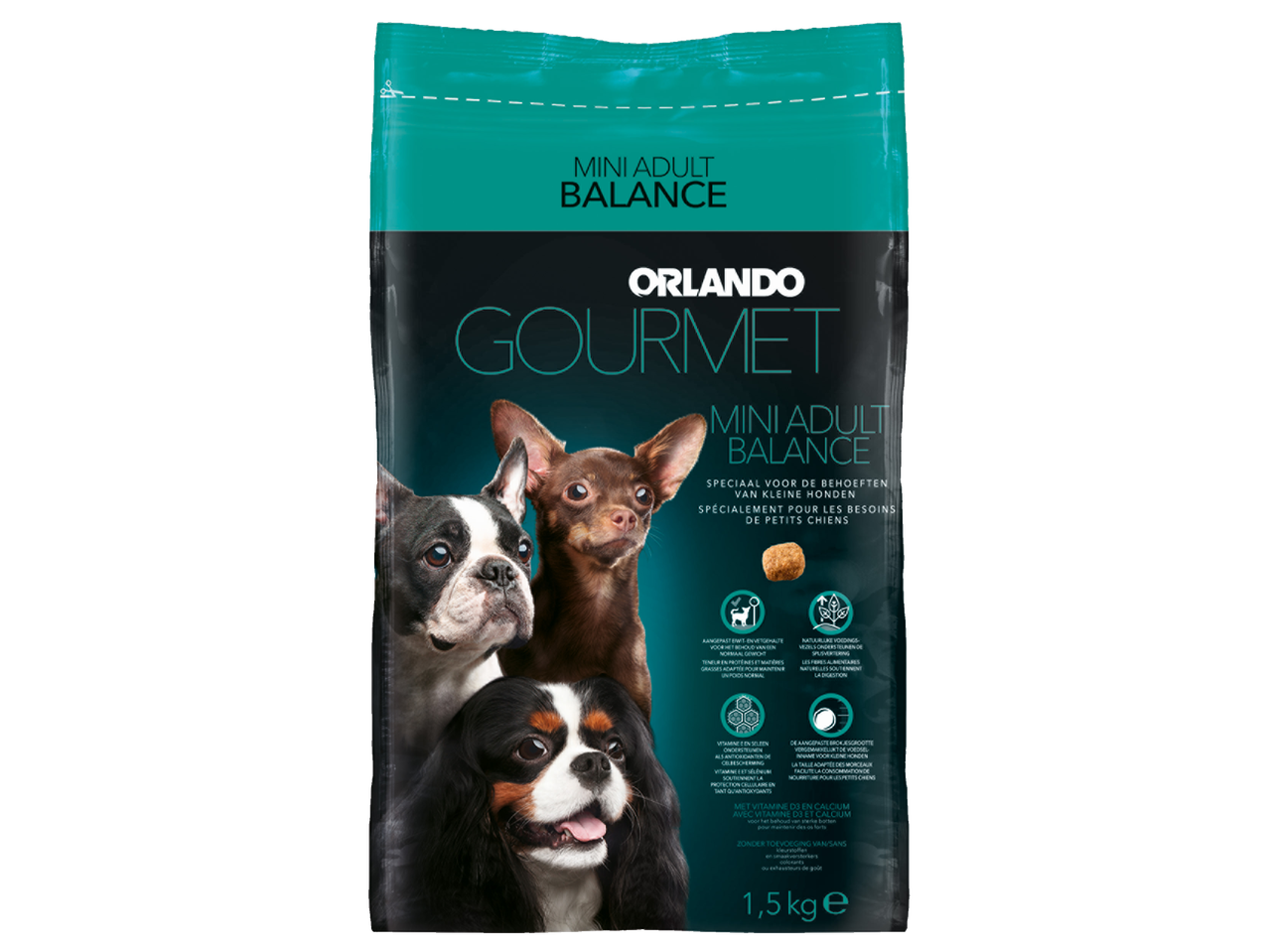 Nourriture pour chiens Orlando Gourmet Mini Adult Balance pour petits chiens, sac de 1,5 kg.