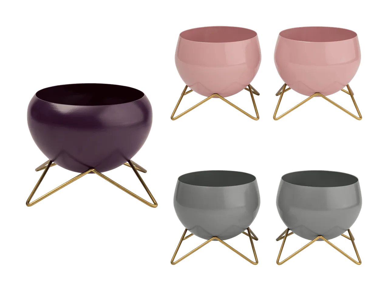 Sæt med tre metalpotter i lilla, lyserød og grå med guldfarvede stativer.