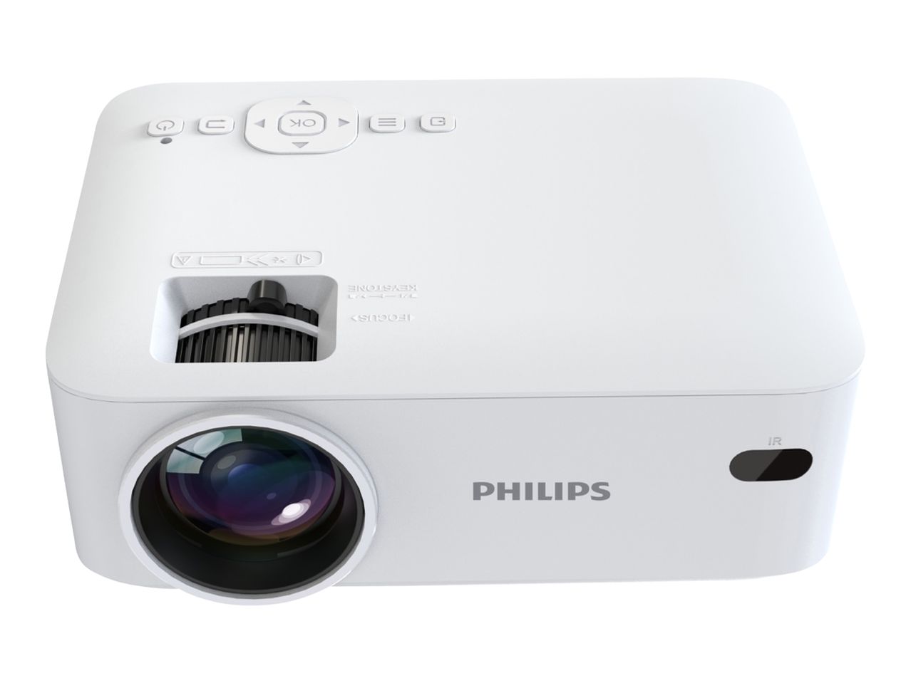 White projector with a lens, control buttons on top, and focus/keystone adjustments.
