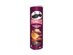 Pringles Texas BBQ Sauce crisps in a purple tube with a cowboy hat, crisps, and a grill.