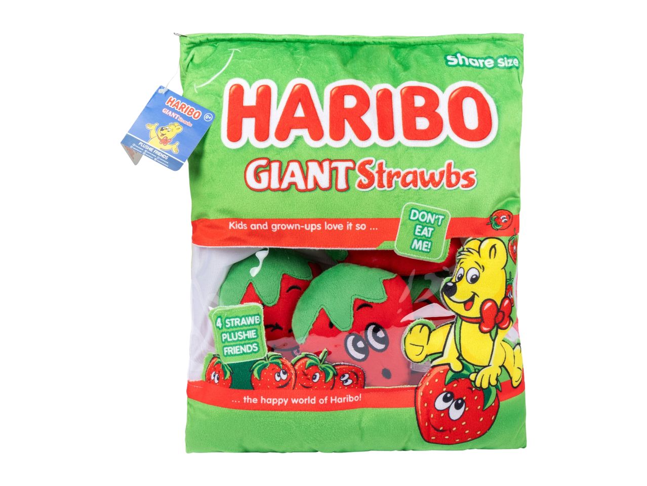 Green plush bag of strawberry-shaped toys with a bear character and text.