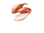 Three shallots, one cut in half, on a white background.